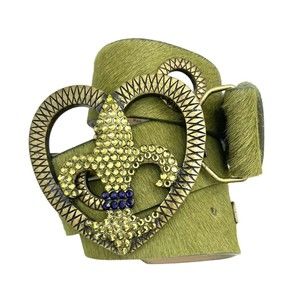 Bridget Shuster Cowhide Wide Green Belt Fleur De Lis Heart Brass Rhinestones 32